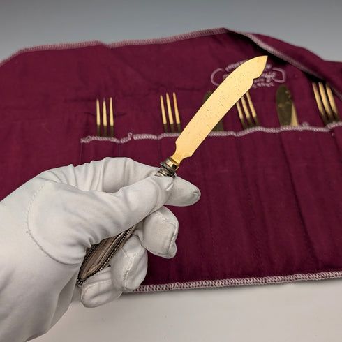 German Antique 800 Silver Handle Gold Plated Blade Tea Cutlery 6 Pairs